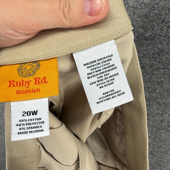 Ruby Rd. Dress Pants Women 20W Plus Beige High Rise Pleated Tapered Cotton - Picture 6 of 7